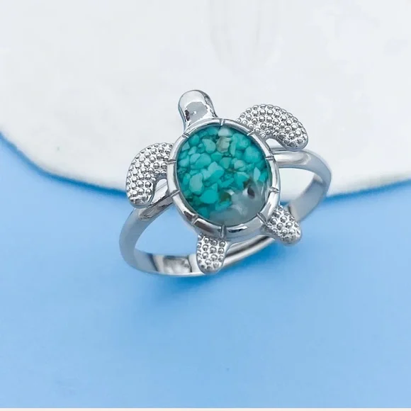 NWT🏝️SAND/TURQUOISE PEBBLES RESIN SILVER SEA TURTLE BEACH RING One Size Fits All - Picture 4 of 7